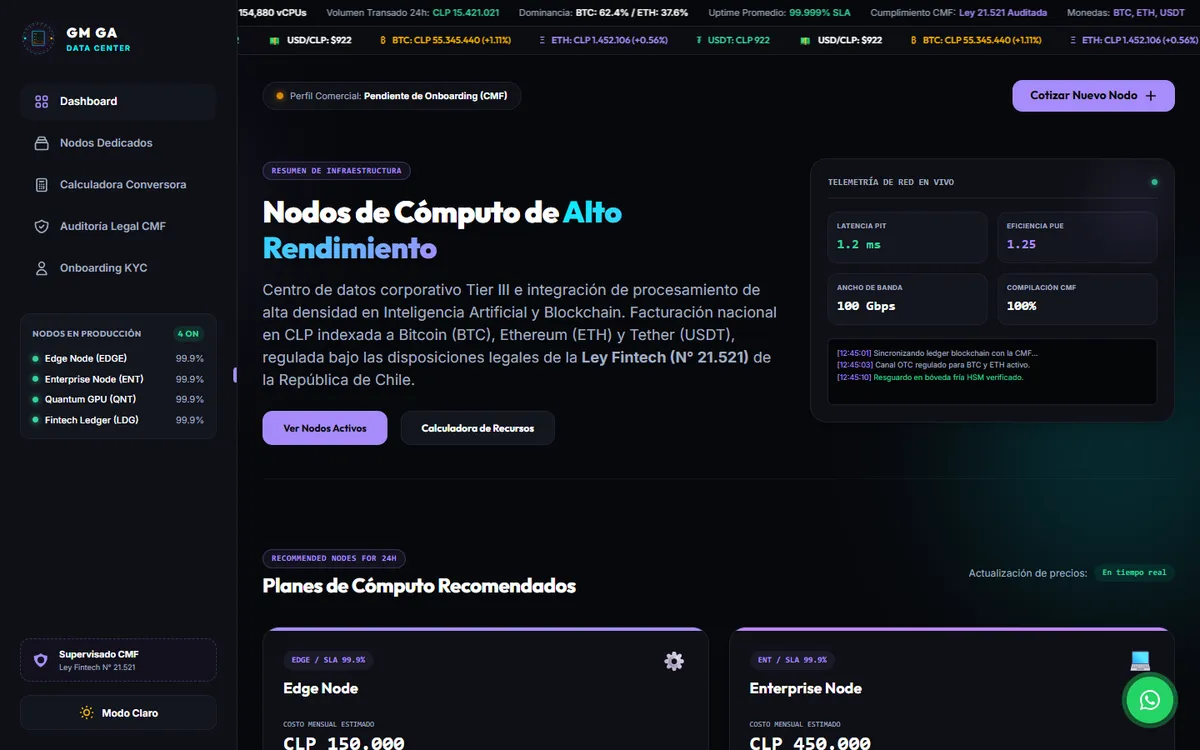 Portada de GM GA Data Center: dashboard de servidores e infraestructura blockchain regulada
